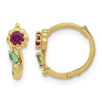 Pair of gold hoop earrings with purple round gemstones on top and green marquise-shaped gemstones on the sides, shown front and back views.