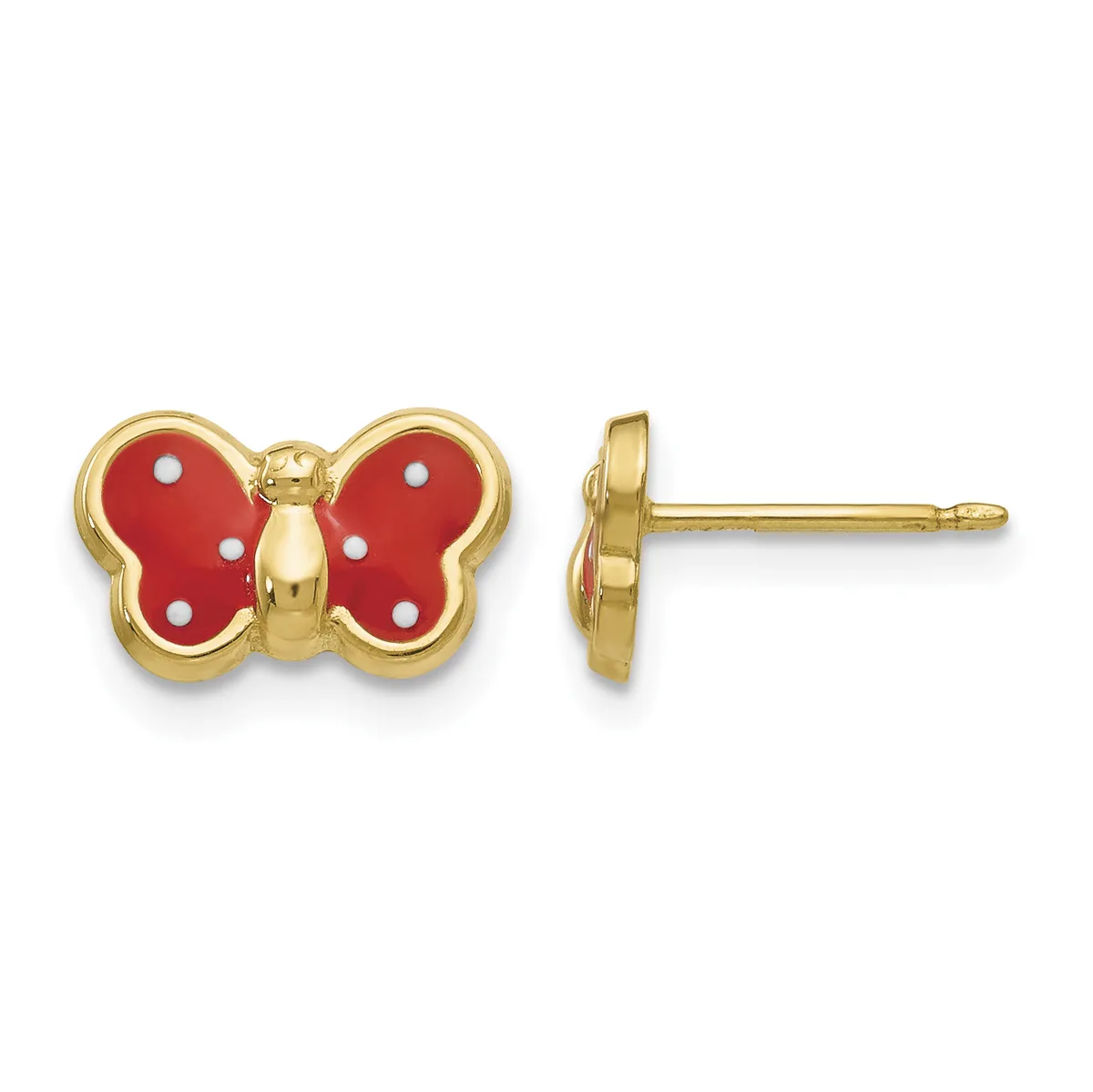 A pair of gold butterfly stud earrings with red enamel wings decorated with white polka dots, shown from front and side views.