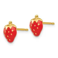 Pair of red enamel strawberry stud earrings with gold-tone caps and posts.