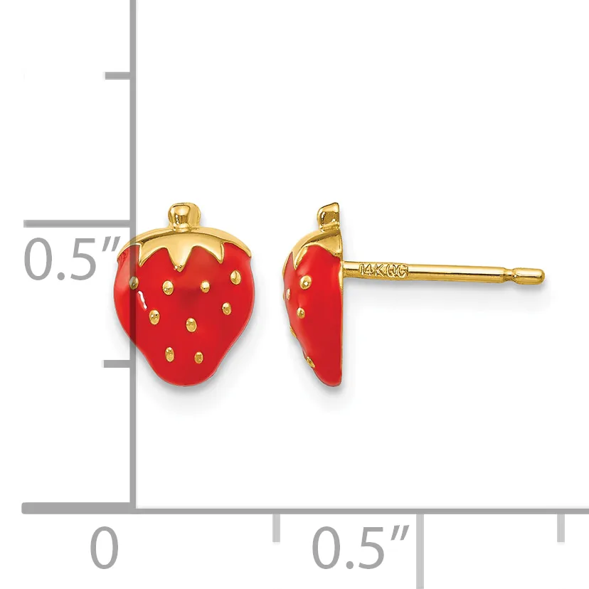 Red enamel strawberry stud earrings with gold-tone posts and backs, shown against a measurement scale indicating approximately 0.5 inches in height.