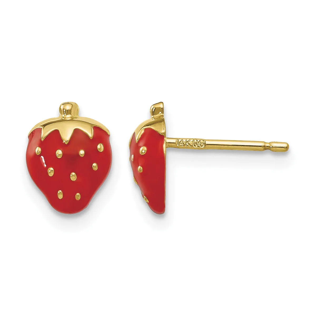A pair of red enamel strawberry stud earrings with gold-toned metal tops and posts, shown from front and side views.
