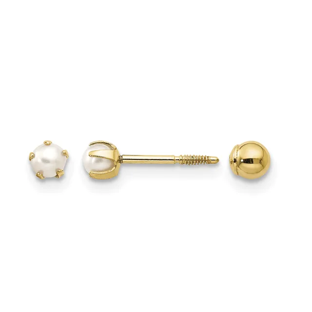 A pair of gold stud earrings displayed from front and side views, featuring a pearl on the left and a polished gold ball on the right, both with screw-back posts.