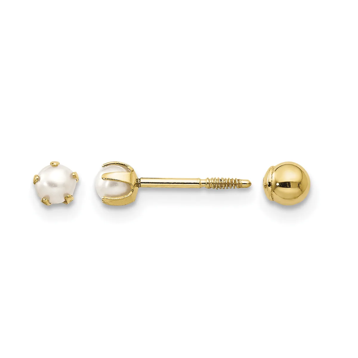 A pair of gold stud earrings displayed from front and side views, featuring a pearl on the left and a polished gold ball on the right, both with screw-back posts.