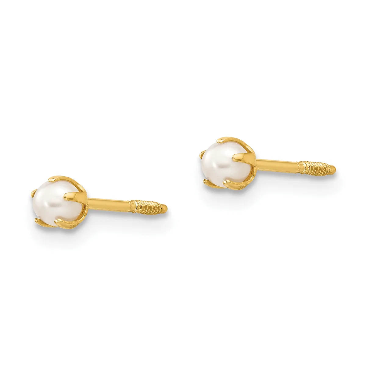 A pair of gold stud earrings with pearl centers and decorative gold caps, displayed against a white background.