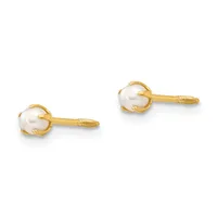 A pair of gold stud earrings with pearl centers and decorative gold caps, displayed against a white background.