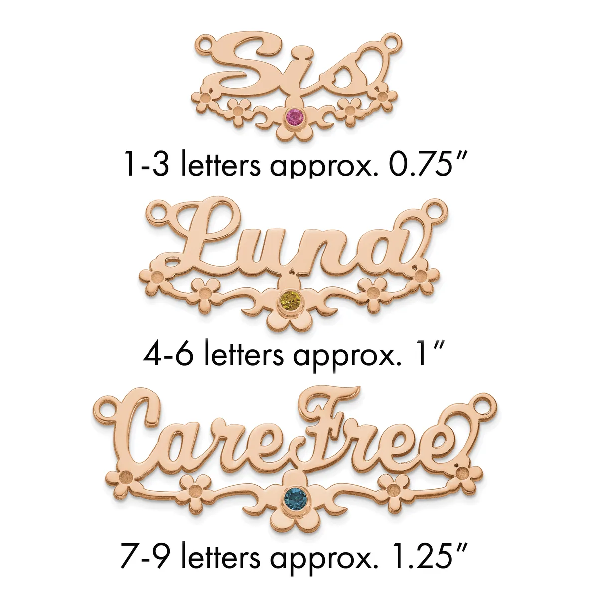 Three rose gold-colored ornamental name pendants with decorative flourishes and small gemstones, sized by letter count from 0.75 to 1.25 inches.