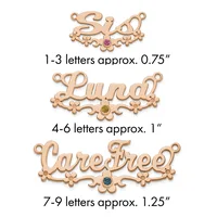 Three rose gold-colored ornamental name pendants with decorative flourishes and small gemstones, sized by letter count from 0.75 to 1.25 inches.