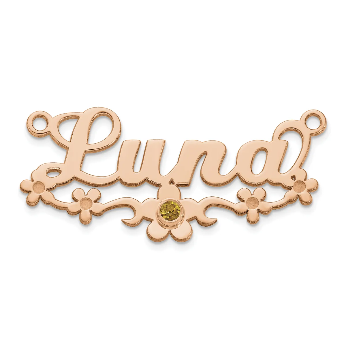 Rose gold nameplate pendant with ornate floral scrollwork on either side and a small round yellow gemstone at the center bottom.
