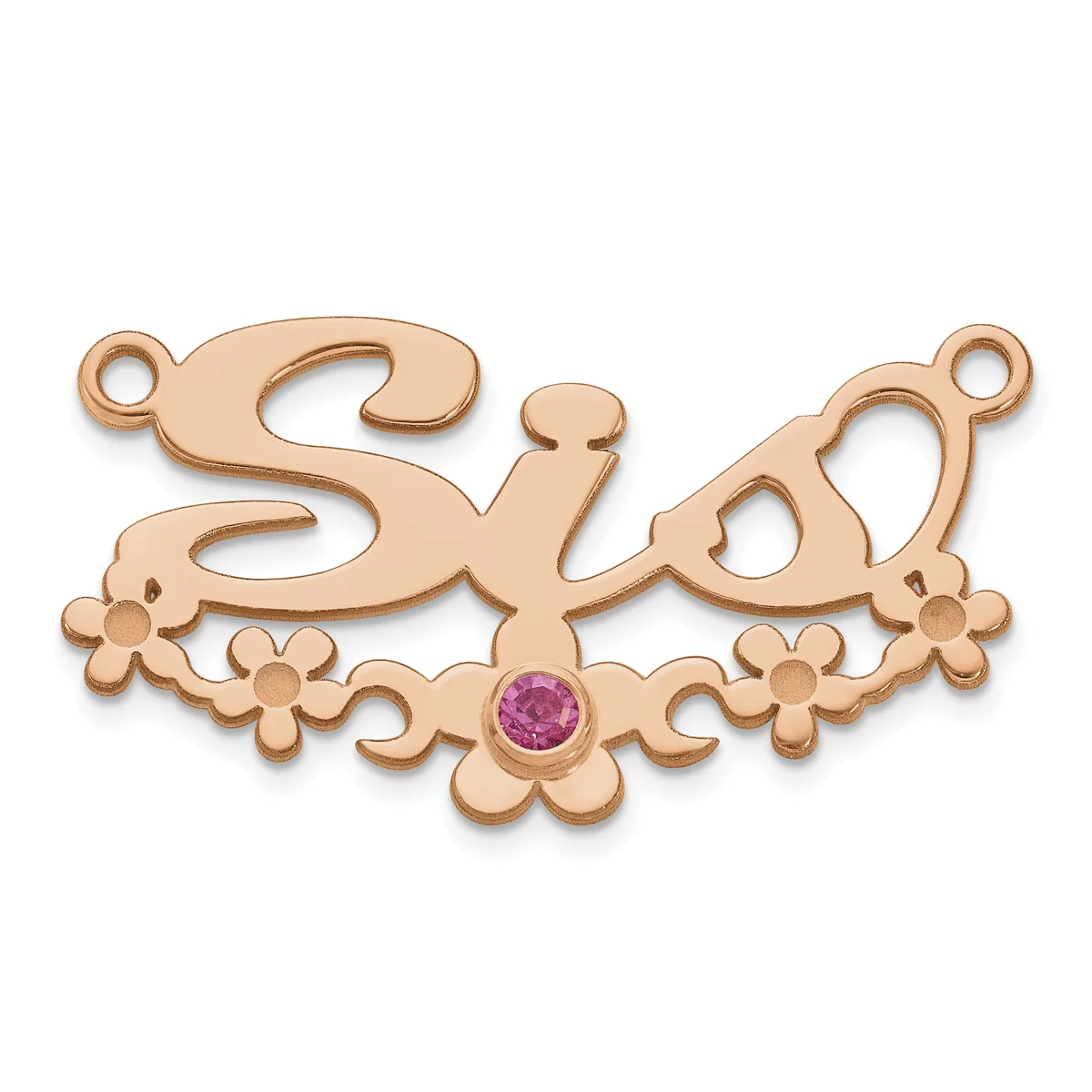 Rose gold ornamental pendant with scrollwork and floral details, featuring a small round purple gemstone in the center and two loops at the top.