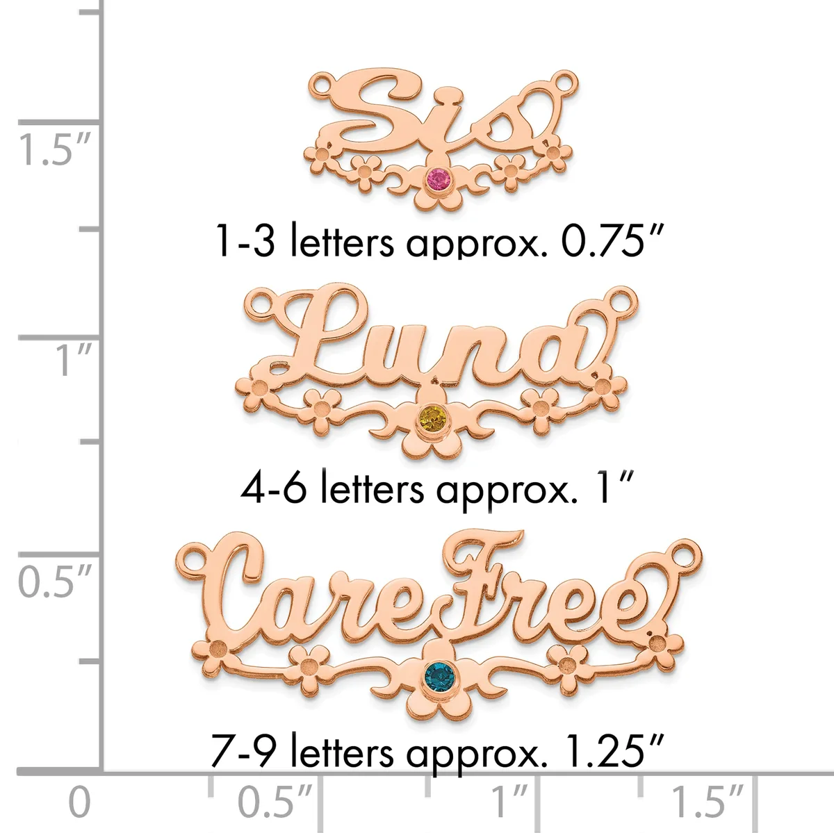 Three rose gold decorative name pendants with ornate scrollwork borders and colored gemstone centers, shown with a size scale indicating heights from approximately 0.75 to 1.25 inches.