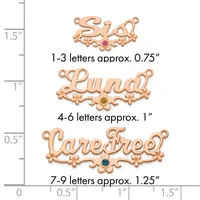 Three rose gold decorative name pendants with ornate scrollwork borders and colored gemstone centers, shown with a size scale indicating heights from approximately 0.75 to 1.25 inches.
