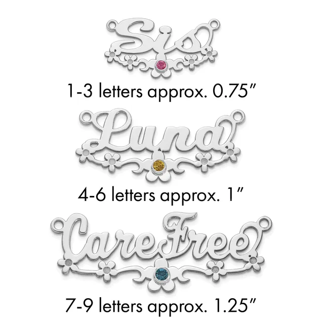 Three silver charms with decorative scrollwork and colored stone centers, labeled by letter count and approximate size measurements.