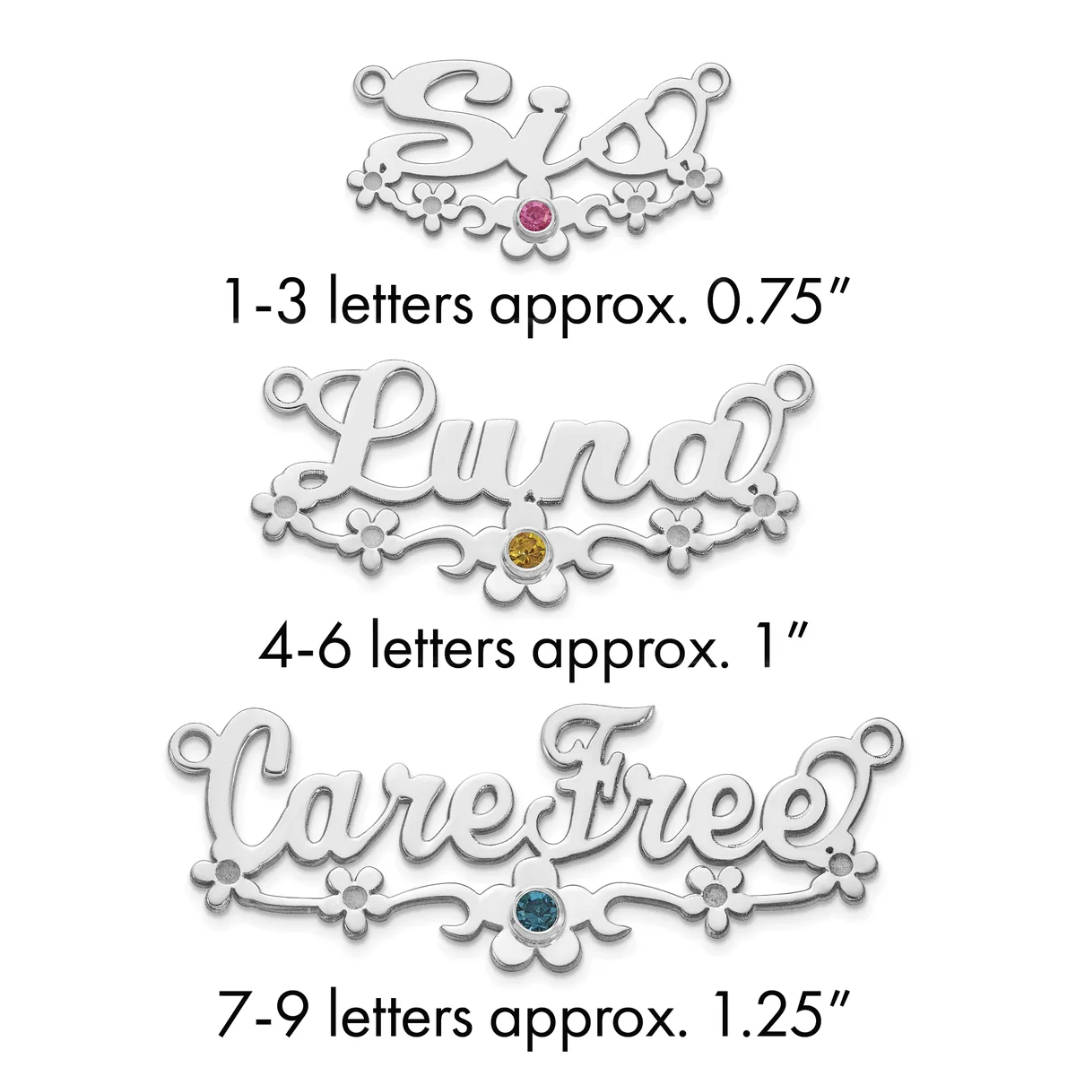 Three silver charms with decorative scrollwork and colored stone centers, labeled by letter count and approximate size measurements.