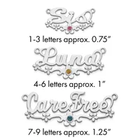 Three silver charms with decorative scrollwork and colored stone centers, labeled by letter count and approximate size measurements.