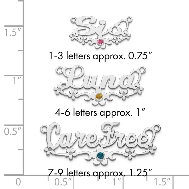 Three silver decorative name pendants with ornamental flourishes and colored gemstones, shown with a measurement scale indicating sizes from 0.75 to 1.25 inches in height.