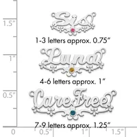 Three silver decorative name pendants with ornamental flourishes and colored gemstones, shown with a measurement scale indicating sizes from 0.75 to 1.25 inches in height.