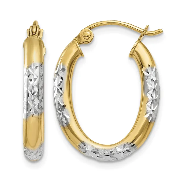 Two-tone gold hoop earrings with textured white gold centers and polished yellow gold tops and bottoms, shown from front and side views.