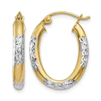 Two-tone gold hoop earrings with textured white gold centers and polished yellow gold tops and bottoms, shown from front and side views.