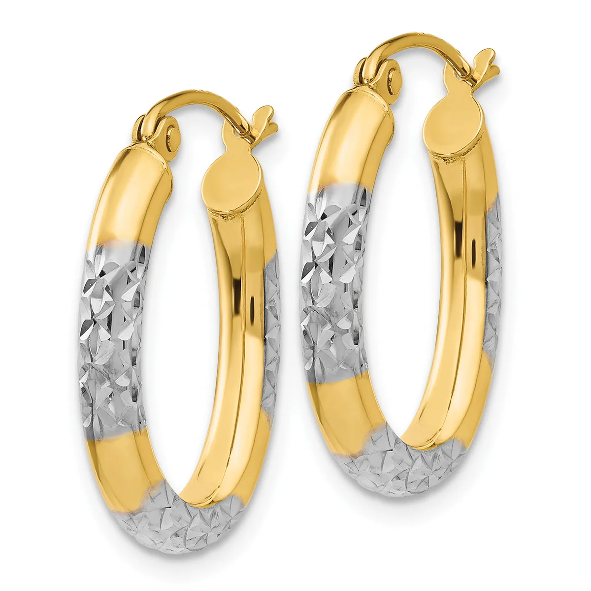 Pair of two-tone gold hoop earrings with polished yellow gold outer surfaces and textured white gold inner sections, featuring post and clutch closures.