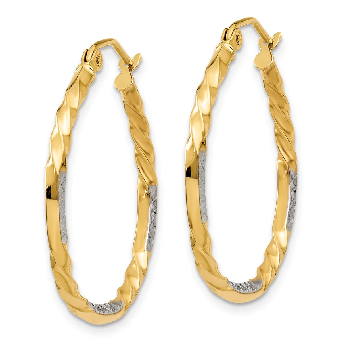 A pair of two-tone gold hoop earrings with twisted texture on the upper half and smooth polished finish on the lower half, shown against a white background.