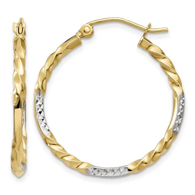 A pair of two-tone gold hoop earrings with twisted texture on the yellow gold exterior and diamond-cut detailing on the white gold interior sections, shown from front and side views.