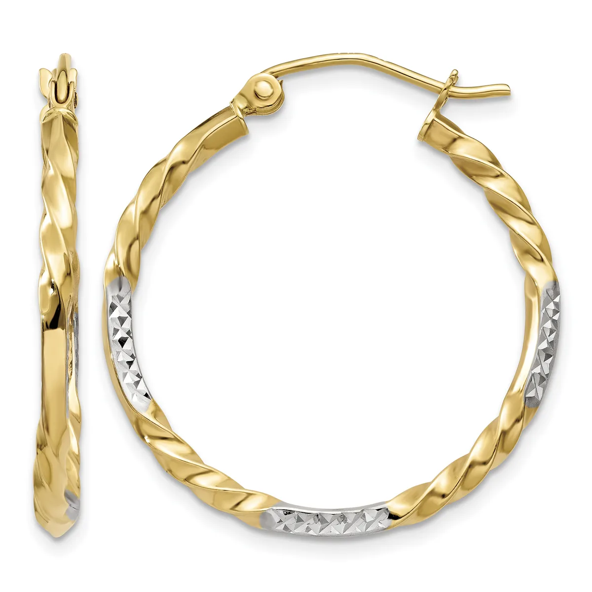 A pair of two-tone gold hoop earrings with twisted texture on the yellow gold exterior and diamond-cut detailing on the white gold interior sections, shown from front and side views.