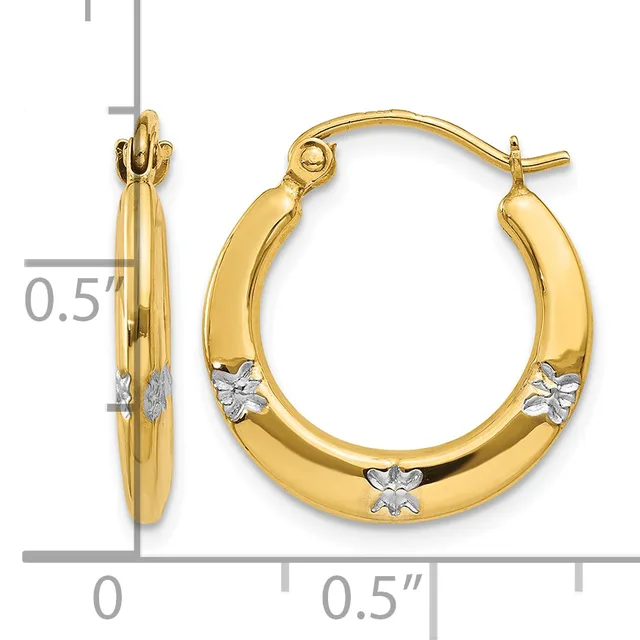 Pair of gold hoop earrings with white gold floral accents, displayed with a measurement scale showing approximately 0.5 inches in diameter.