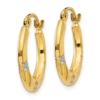 Pair of gold hoop earrings with white diamond accents and hook-and-loop closures, shown from the front.
