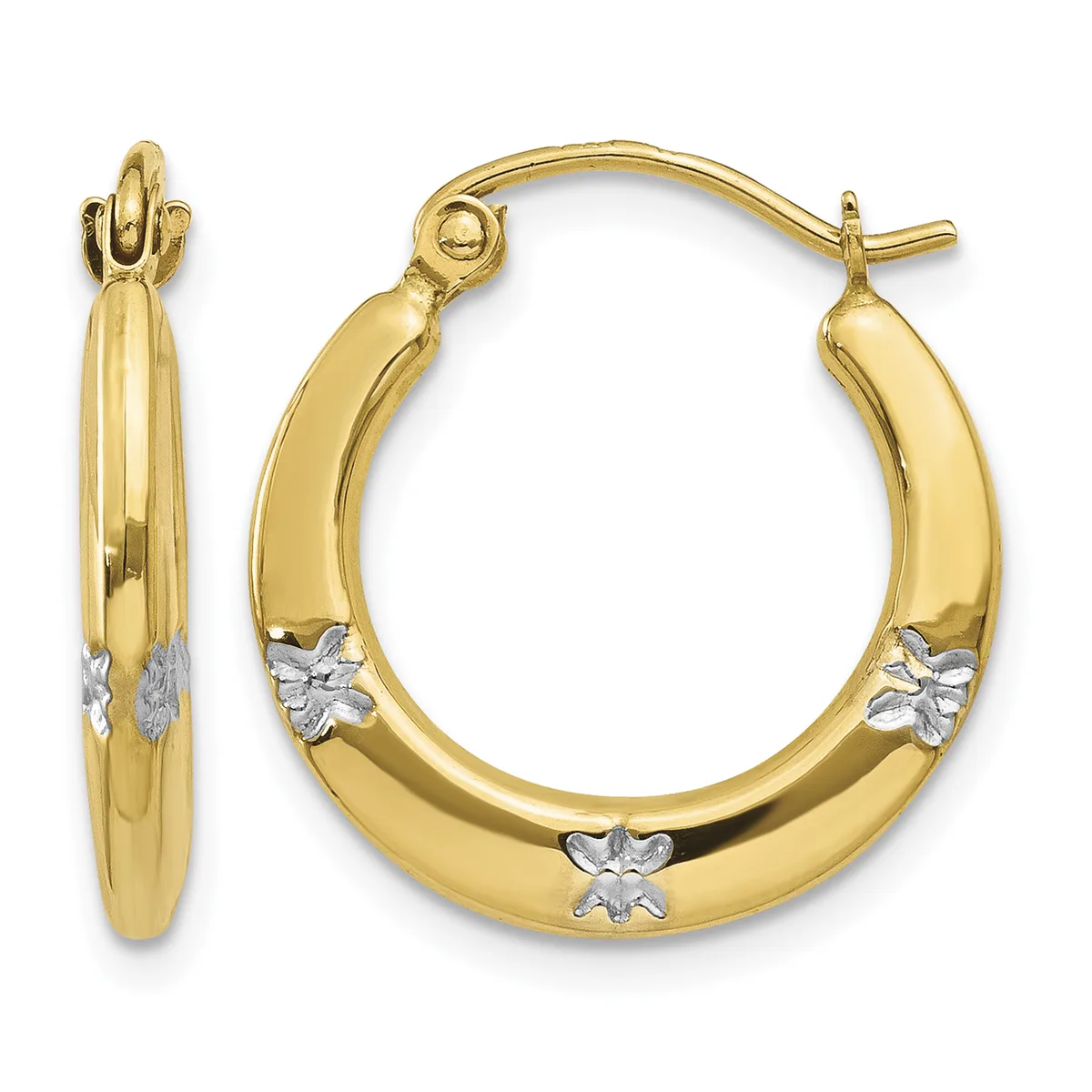 Pair of gold hoop earrings with white gold star accents, shown from front and side views.