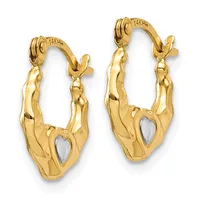Pair of gold hoop earrings with twisted texture, heart-shaped stone inlays, and hinged closures.