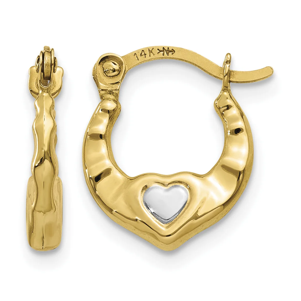Pair of 14K gold heart-shaped hoop earrings with a small white heart cutout in the center, shown from front and side views.