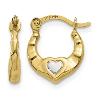 Pair of 14K gold heart-shaped hoop earrings with a small white heart cutout in the center, shown from front and side views.