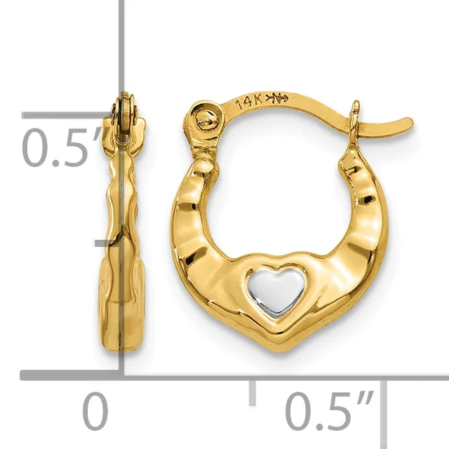 Pair of gold heart-shaped hoop earrings with white enamel heart centers, shown from front and side views with measurement scale.