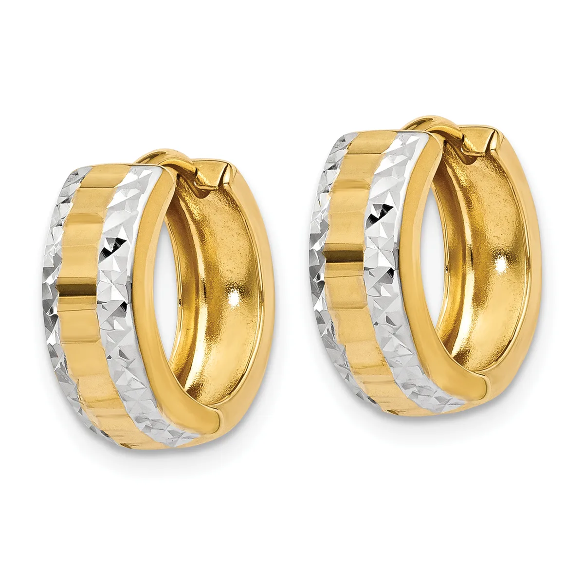 A pair of two-tone gold hoop earrings with polished yellow gold surfaces and white textured diamond-cut sections, shown from the front.