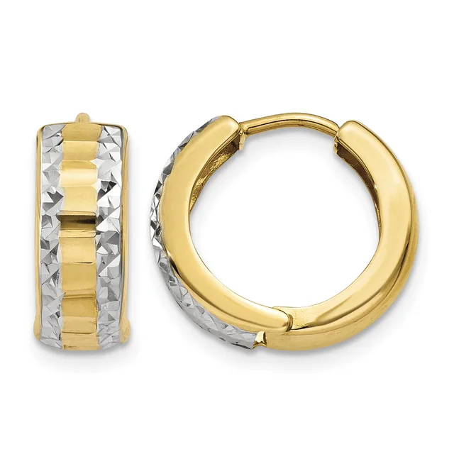 A pair of gold hoop earrings with textured white gold center panels and polished yellow gold outer surfaces, shown from front and side views.