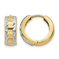 A pair of gold hoop earrings with textured white gold center panels and polished yellow gold outer surfaces, shown from front and side views.