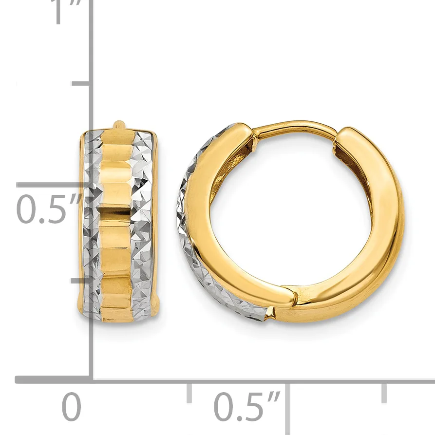 Two-tone gold hoop earrings with textured white gold center stripe and polished yellow gold outer bands, shown front and side view with measurement scale.