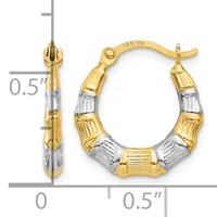 Two-tone gold hoop earrings with textured and polished segments, shown front and side view with measurement scale indicating approximately half-inch diameter.