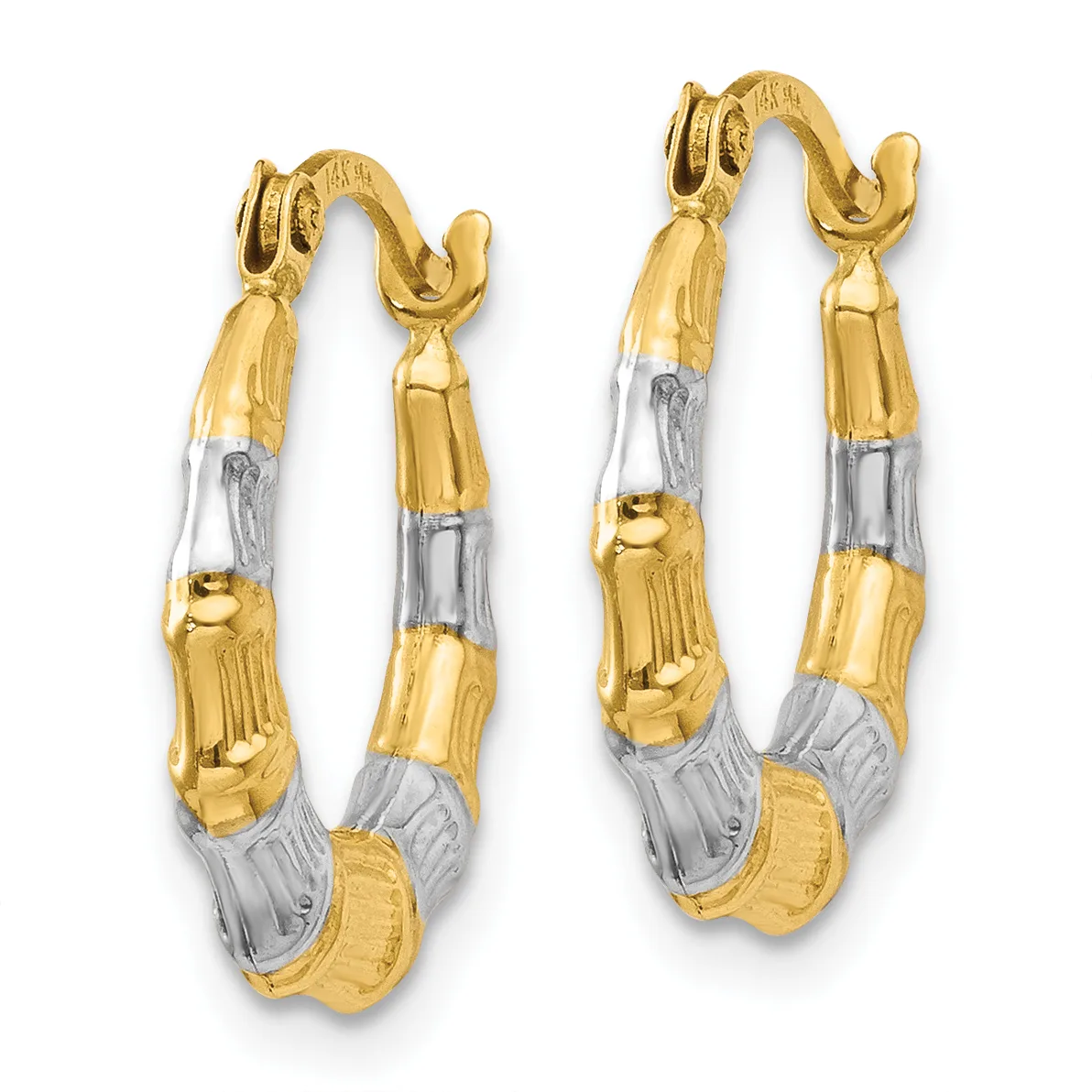 A pair of two-tone gold hoop earrings with textured segmented design, featuring alternating yellow and white gold sections with a small hallmark visible.