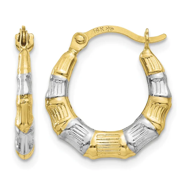 Pair of two-tone gold hoop earrings with textured yellow gold and white gold alternating segments, shown from front and side views.