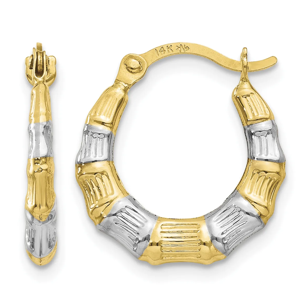 Pair of two-tone gold hoop earrings with textured yellow gold and white gold alternating segments, shown from front and side views.
