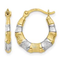 Pair of two-tone gold hoop earrings with textured yellow gold and white gold alternating segments, shown from front and side views.