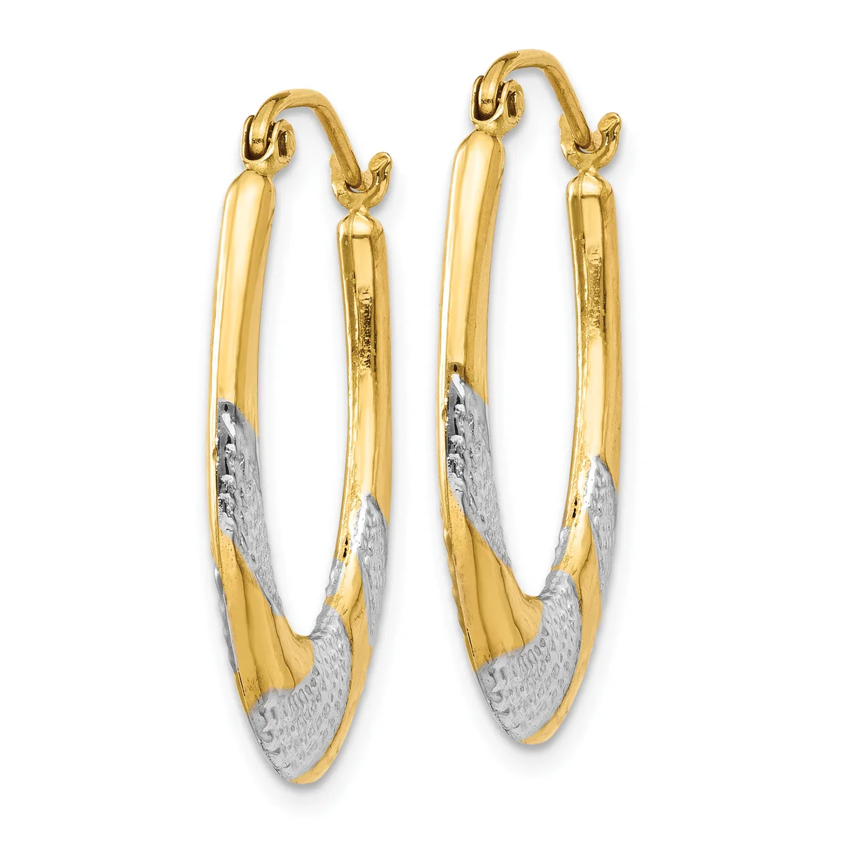 A pair of gold hoop earrings with textured white gold sections at the bottom, displayed against a white background.