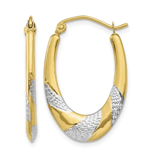 A pair of two-tone gold hoop earrings with textured white gold sections and polished yellow gold curved surfaces, shown from front and side views.
