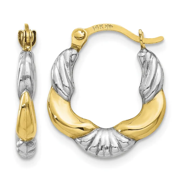 A pair of 14K gold and rhodium-plated hoop earrings with twisted ridged detailing and polished teardrop-shaped sections, shown from front and side views.
