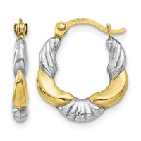 A pair of 14K gold and rhodium-plated hoop earrings with twisted ridged detailing and polished teardrop-shaped sections, shown from front and side views.