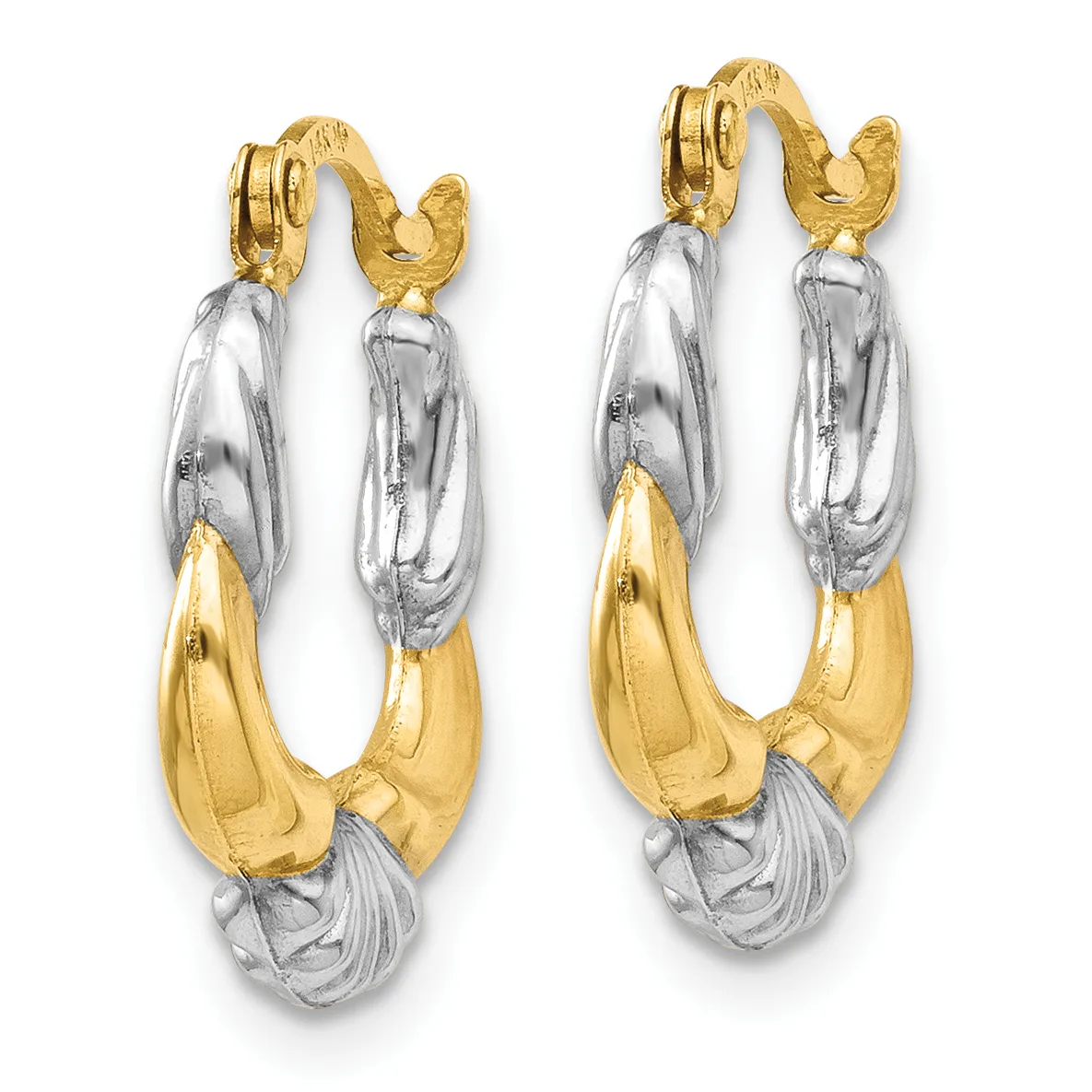 A pair of two-tone hoop earrings with textured white and polished yellow gold sections, featuring hinged posts with small hallmarks.