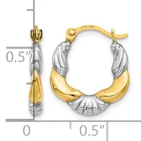 Two-tone gold and silver twisted hoop earrings with a scalloped shell design at the bottom, shown next to a ruler indicating approximately 0.5 inches in width.