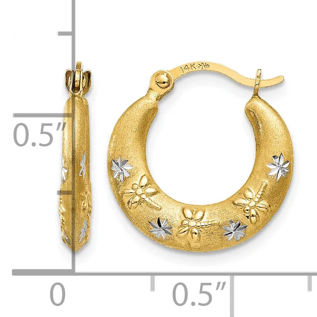Pair of gold hoop earrings with textured satin finish and white diamond star accents, shown next to a measurement scale indicating approximately 0.5 inches in diameter.