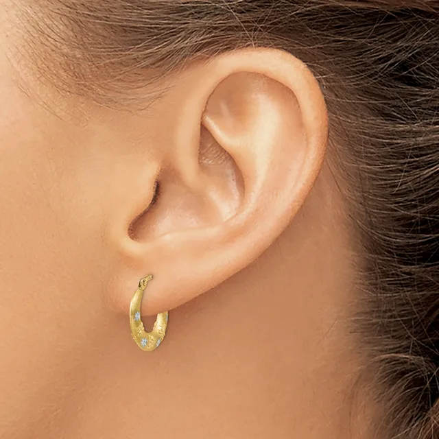 A person wearing a small gold hoop earring with a textured surface is shown in profile, displaying the earring in the pierced earlobe.